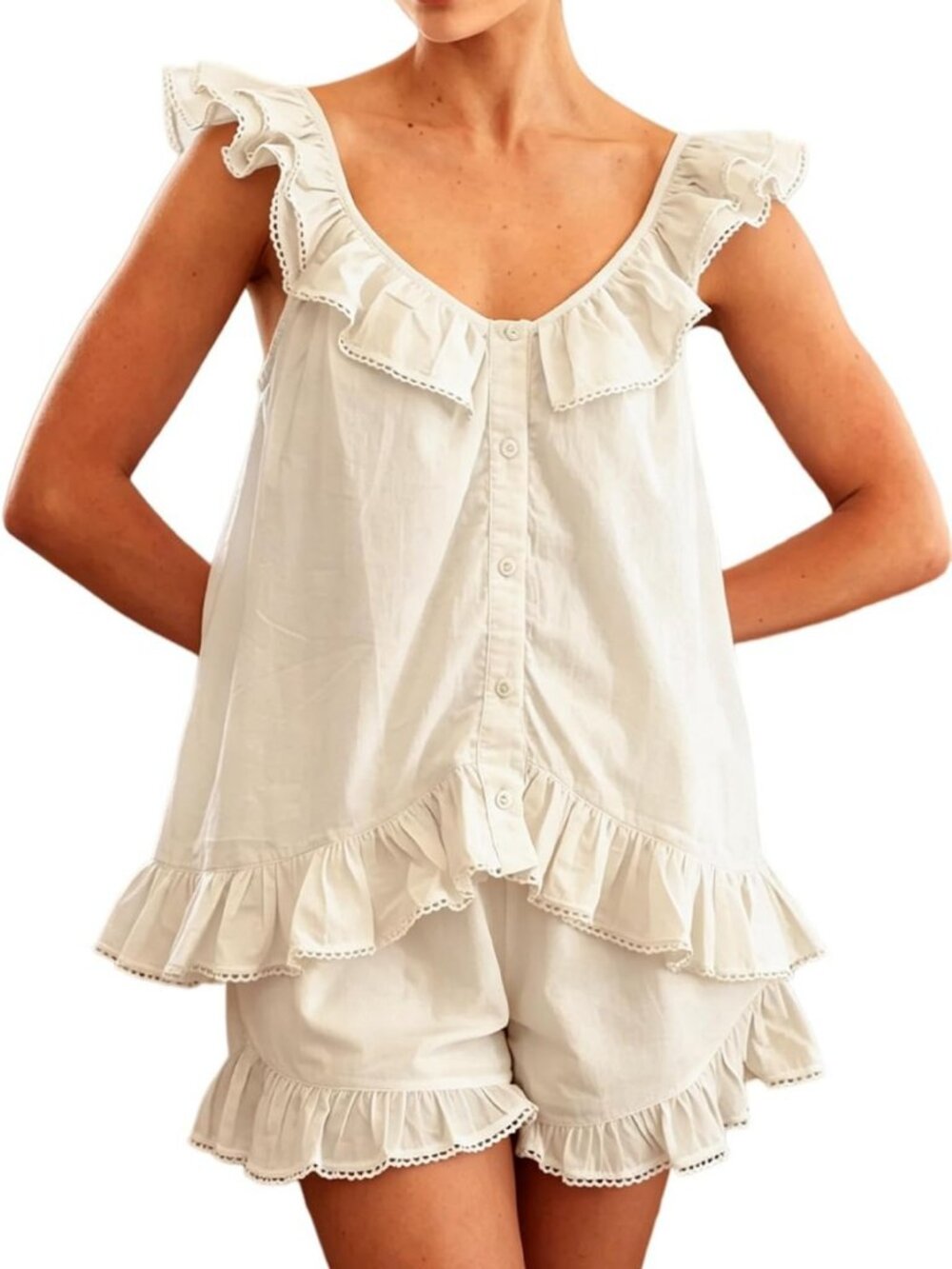 Women's Summer Ruffle Pajama Set - 2 Piece Cotton Cami & Shorts Sleepwear
